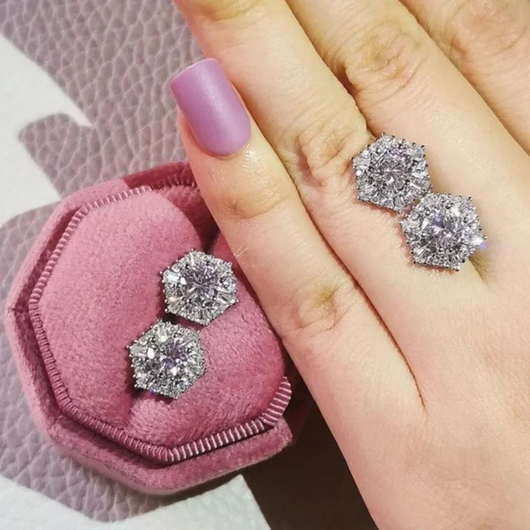 Sterling Silver Diamond Hexagon Halo Stud Earrings - Picture 9 of 10